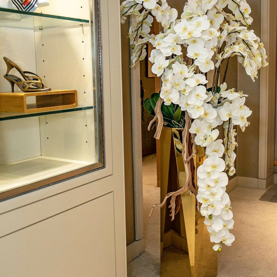 Phalaenopsis orchids cascading in a golden prism planter – The Ever Botanic