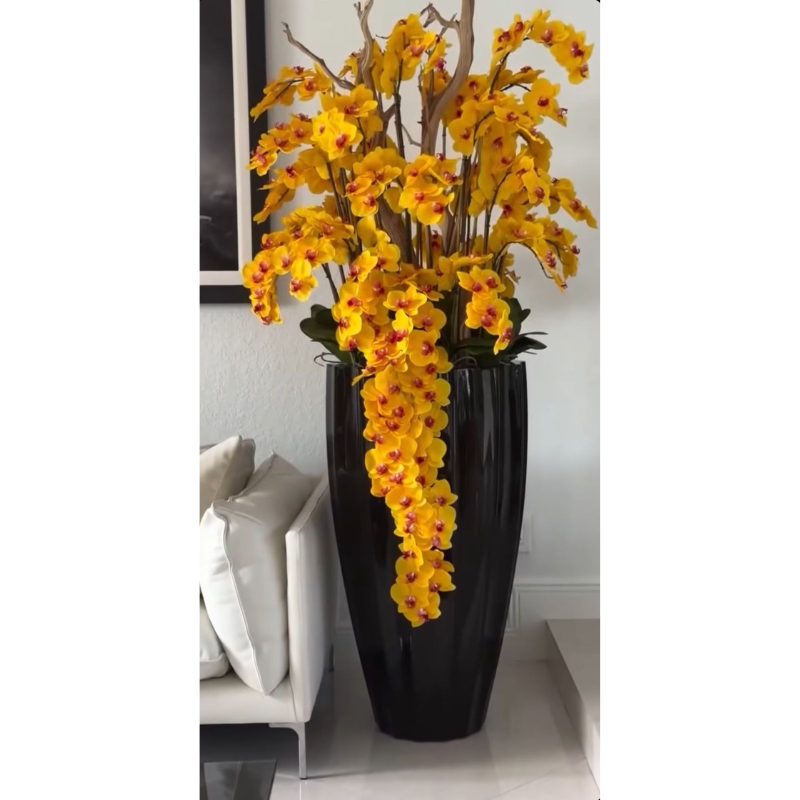 San Jose Vase in Glossy Black with Cascading Yellow Orchids – The Ever Botanic