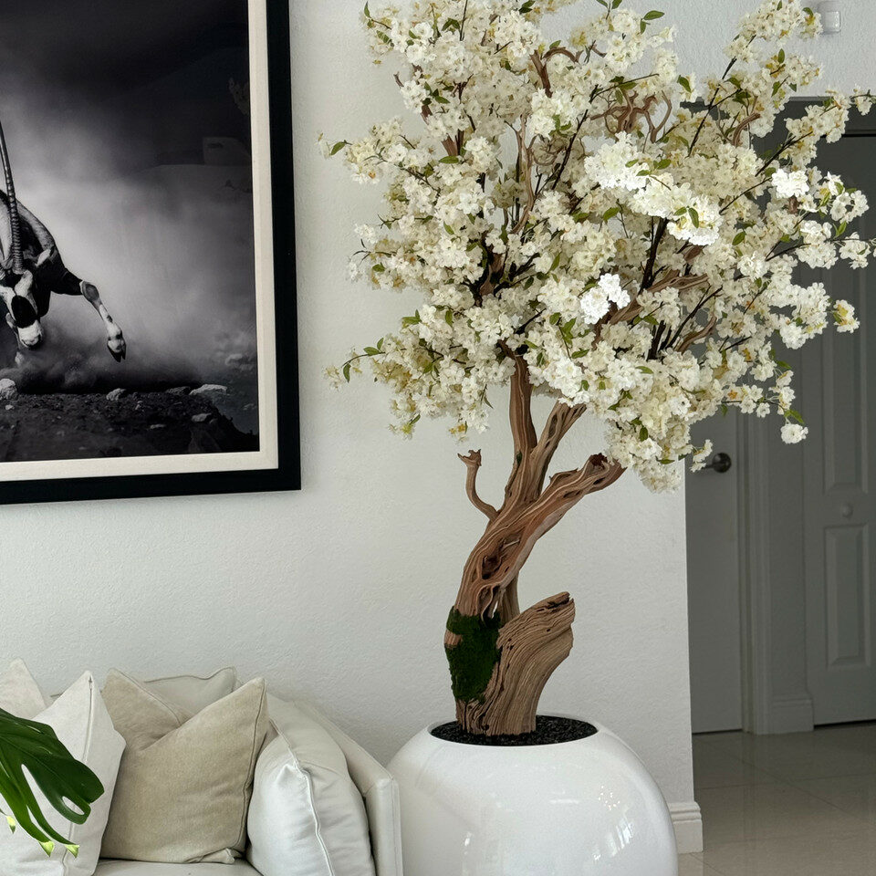 Shiny white globe vase with personalized Cherry Blossom Tree – The Ever Botanic