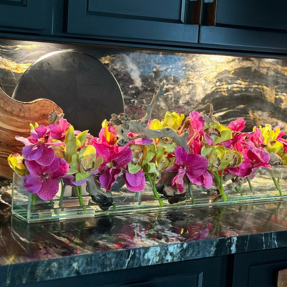 Modern House Glass Vase with Pink Vandas and Green Cymbidiums – The Ever Botanic