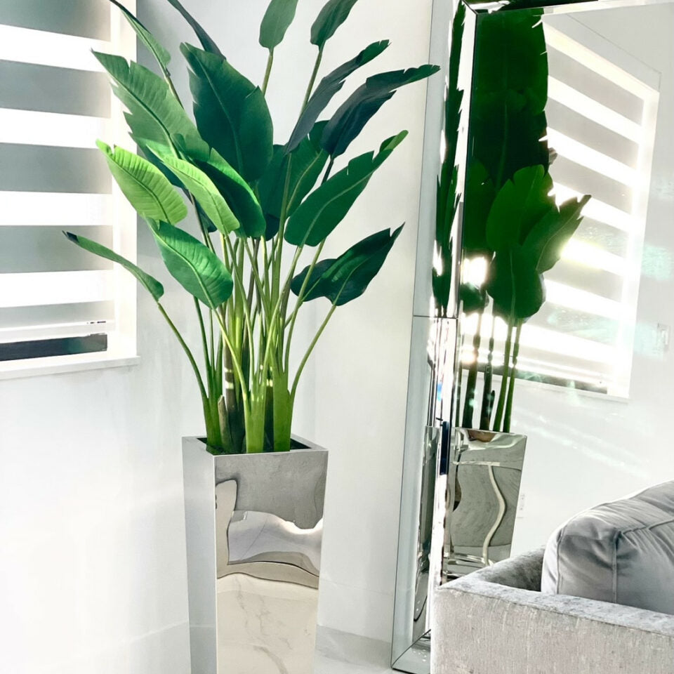 Medium stainless steel cube vase with Bird of Paradise (7') – The Ever Botanic