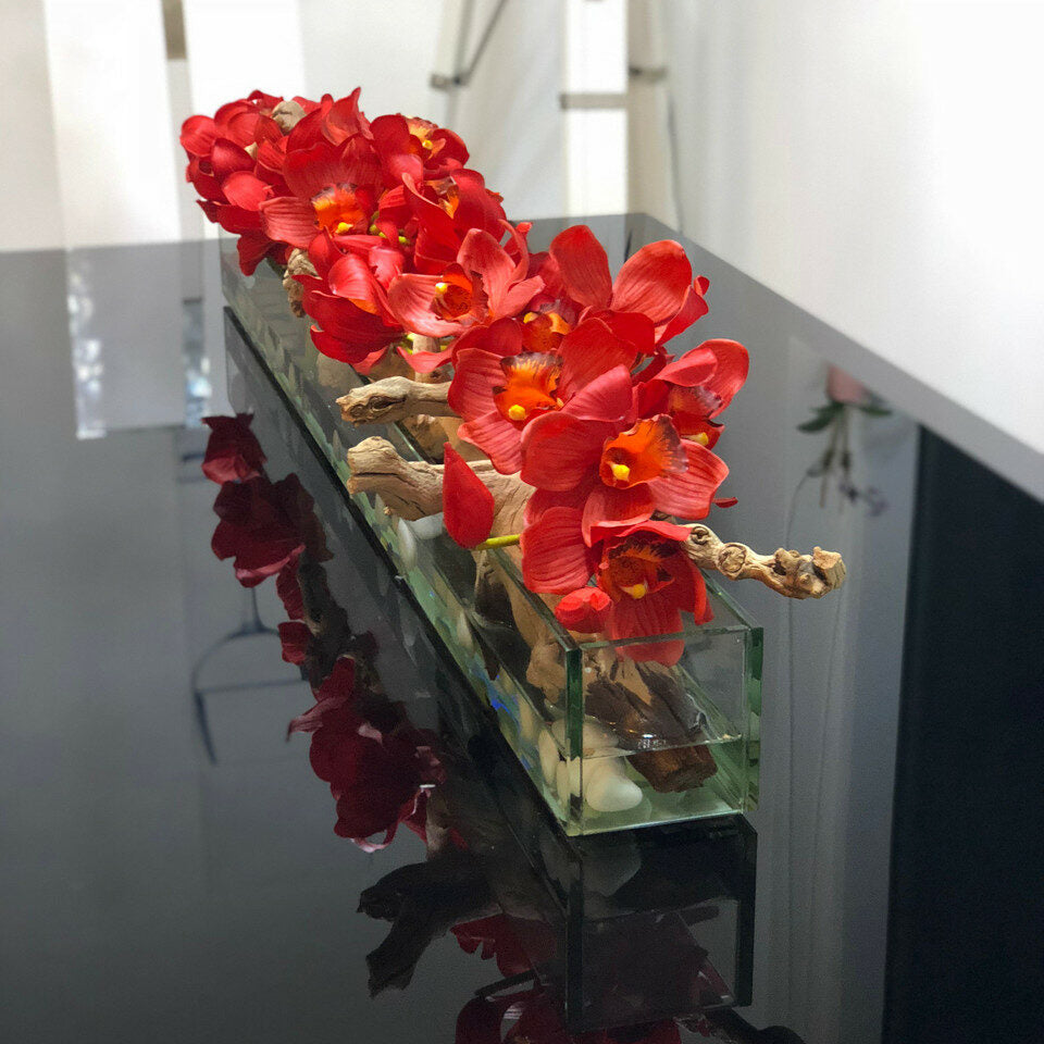 Modern House 48" Glass Planter with Red Cymbidiums – The Ever Botanic