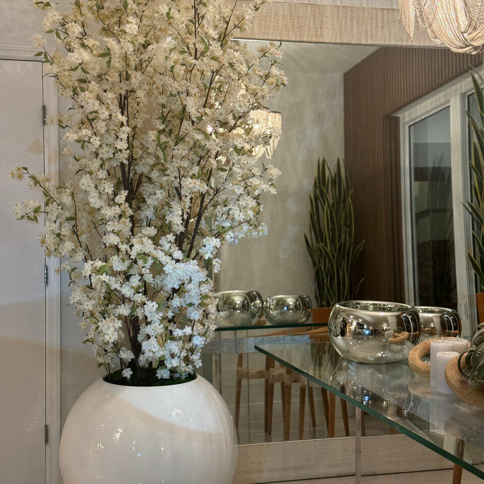 Glossy White Globe Vase with White Cherry Blossom Branches – 185 cm – The Ever Botanic