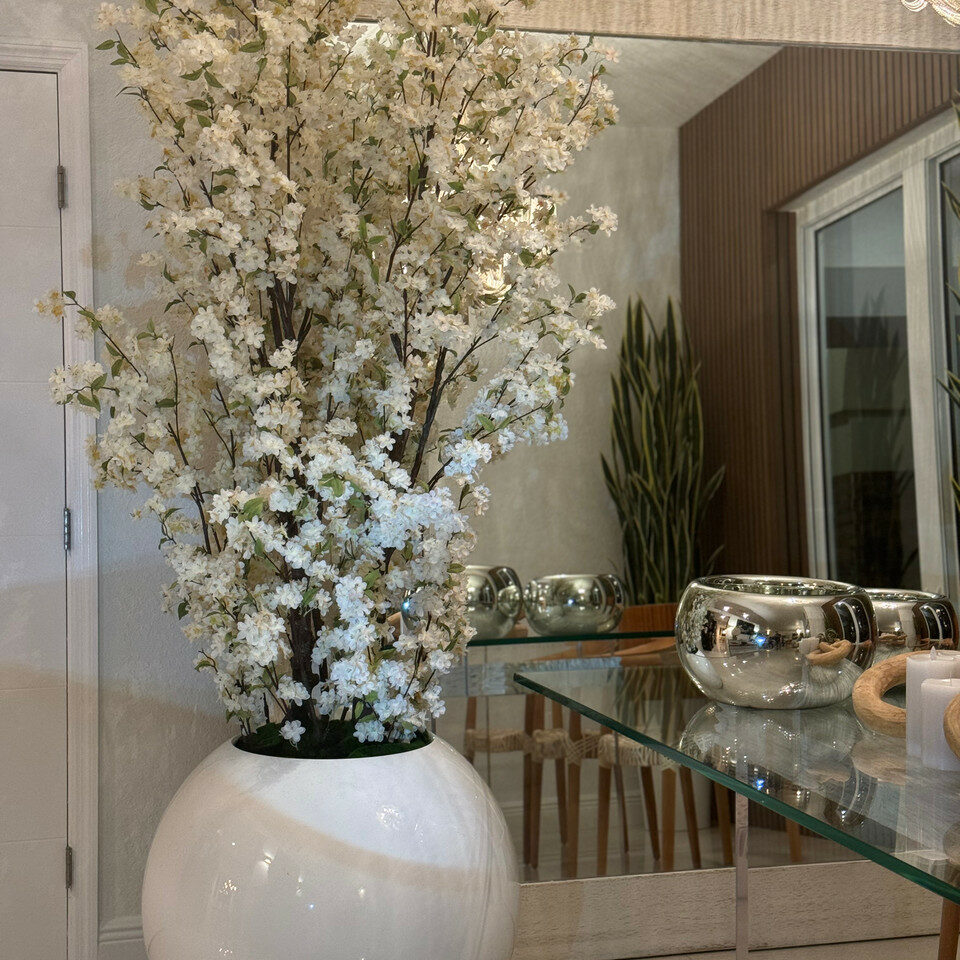 Glossy White Globe Vase with White Cherry Blossom Branches – 185 cm – The Ever Botanic