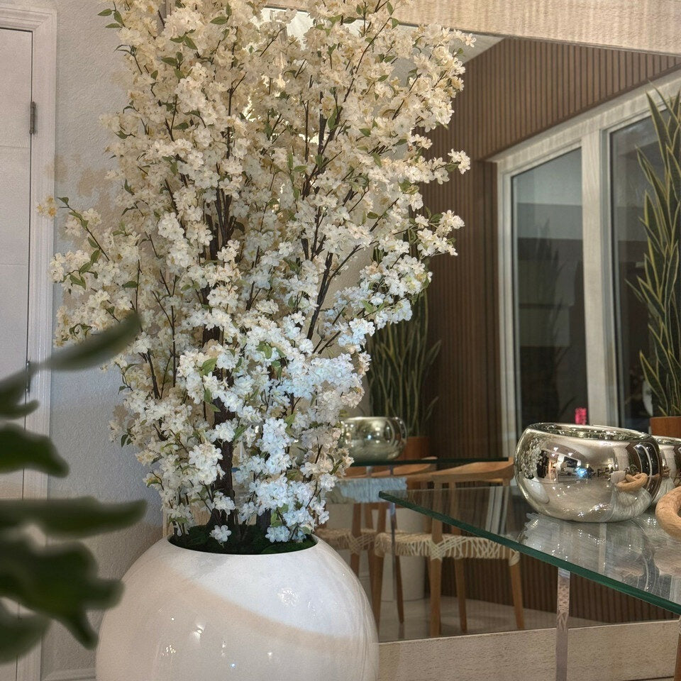 Glossy White Globe Vase with White Cherry Blossom Branches – 185 cm – The Ever Botanic
