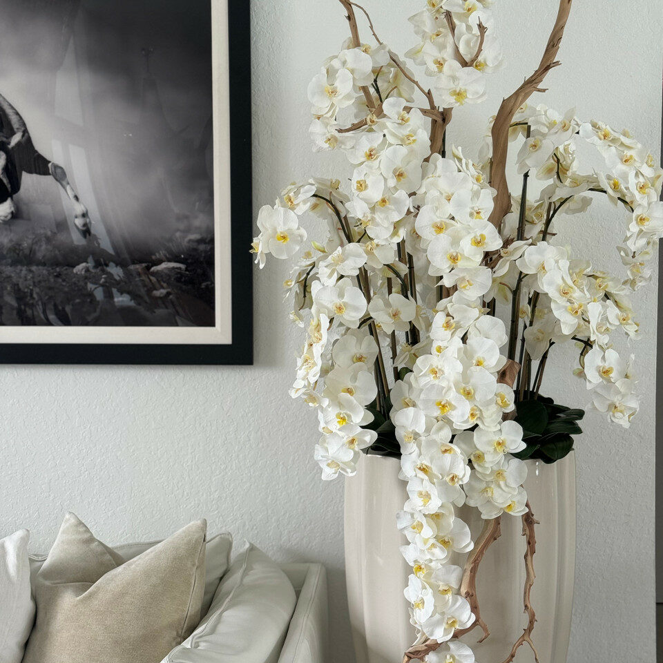 San Jose Beige Sand Vase with White Orchids in Cascade – The Ever Botanic