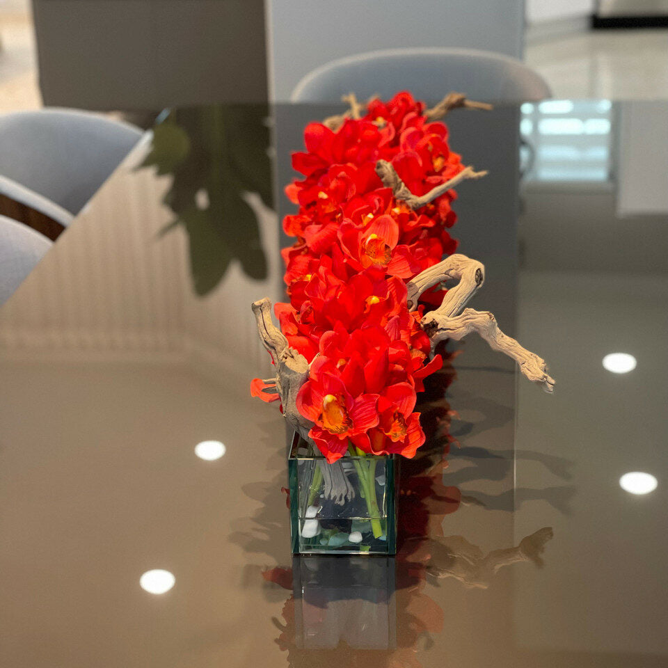 Modern House Glass Vase with Red Cymbidiums – The Ever Botanic
