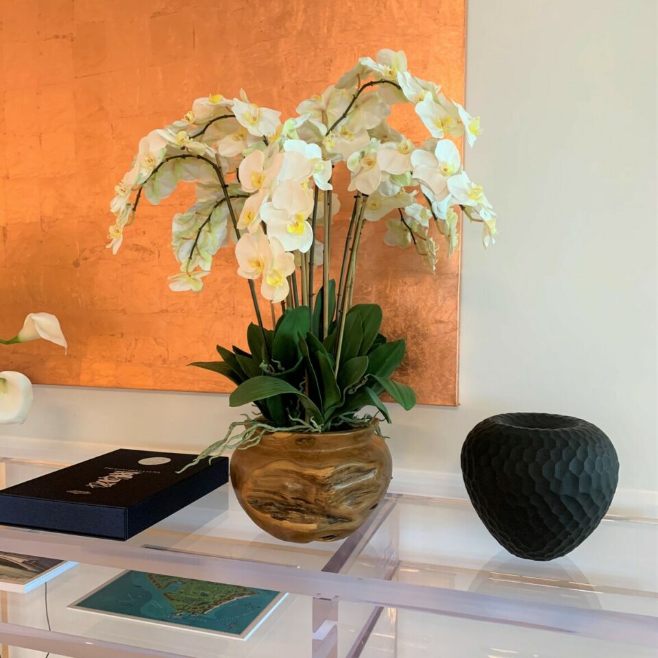 Large teak bowl with white orchids – The Ever Botanic