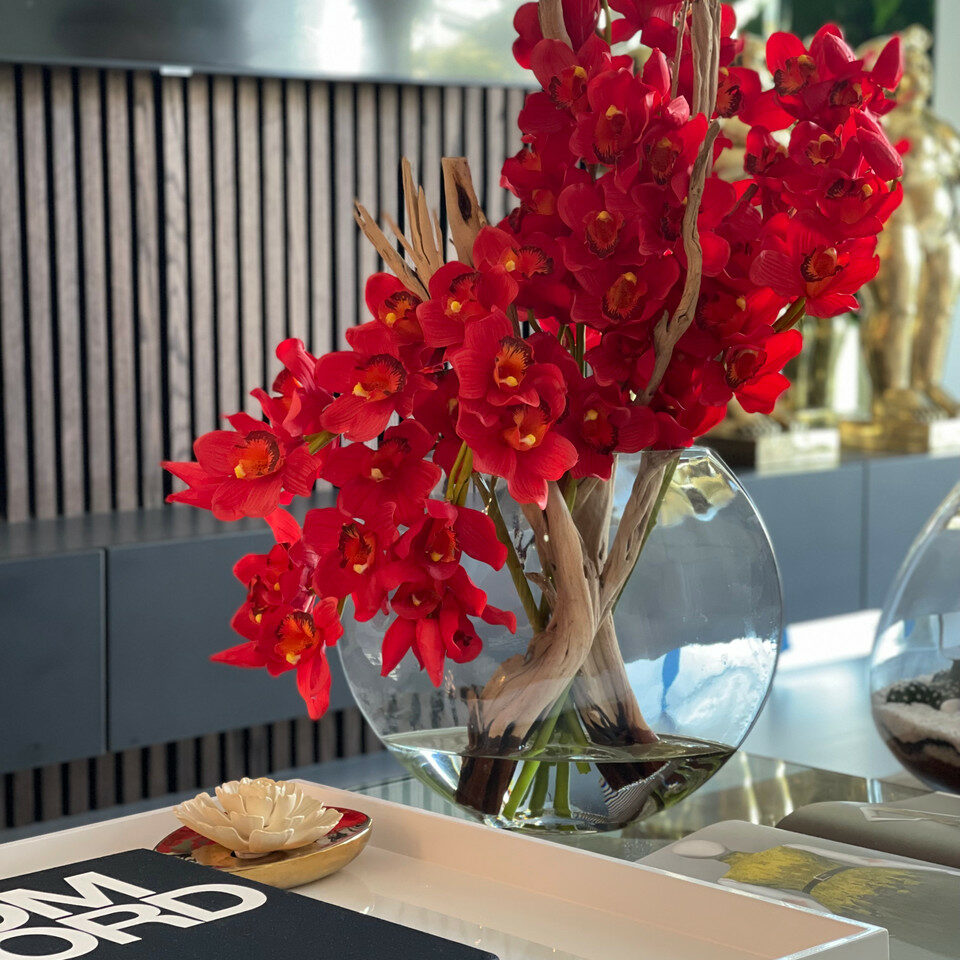 Red Cymbidiums in Moon Vase – The Ever Botanic