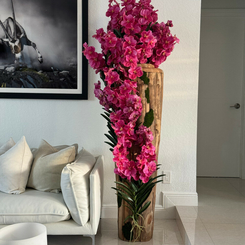 Large teak vase with natural edges and pink Vanda orchids – The Ever Botanic