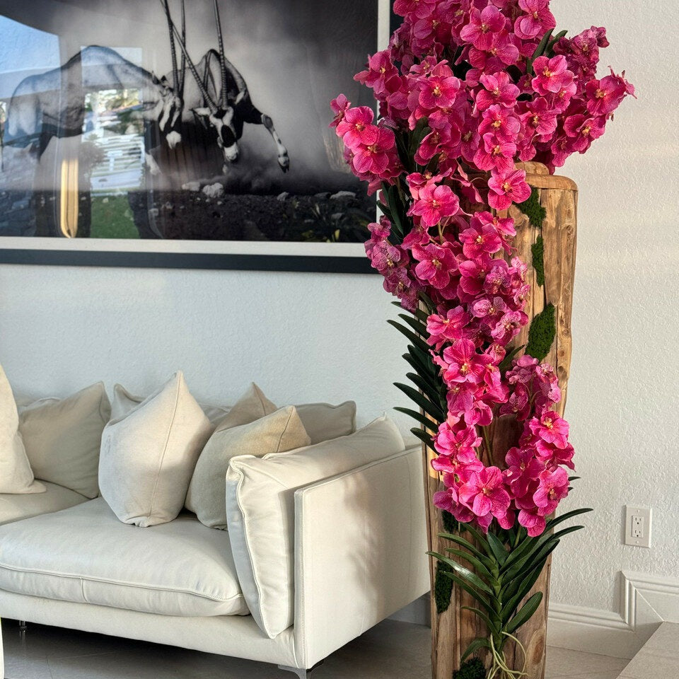 Large teak vase with natural edges and pink Vanda orchids – The Ever Botanic