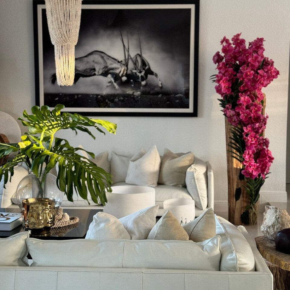 Large teak vase with natural edges and pink Vanda orchids – The Ever Botanic