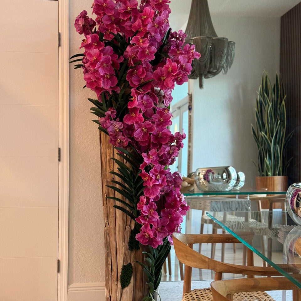 Large teak vase with natural edges and pink Vanda orchids – The Ever Botanic