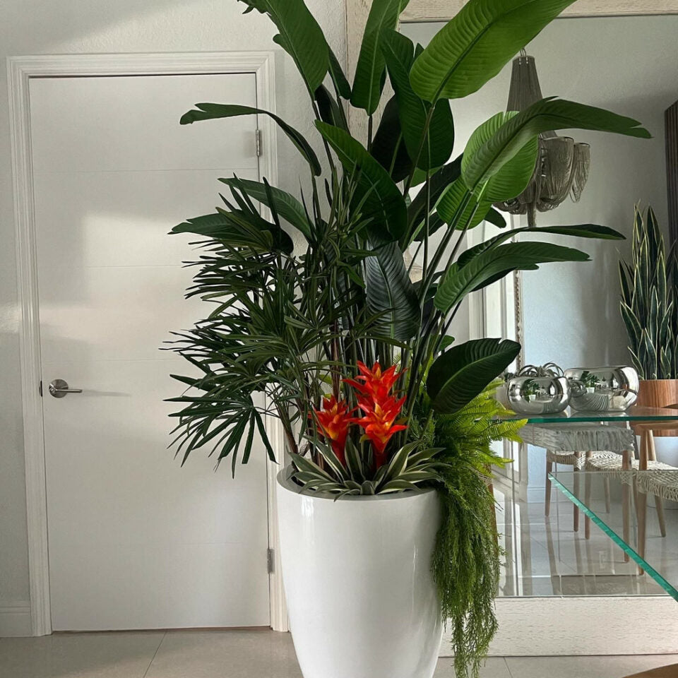 Tropical Plant Arrangement in Brannan Planter – Glossy White – The Ever Botanic