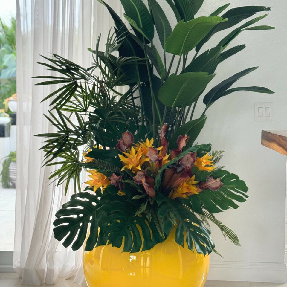 Mix of Tropical Plants in Yellow Globe Pot – The Ever Botanic