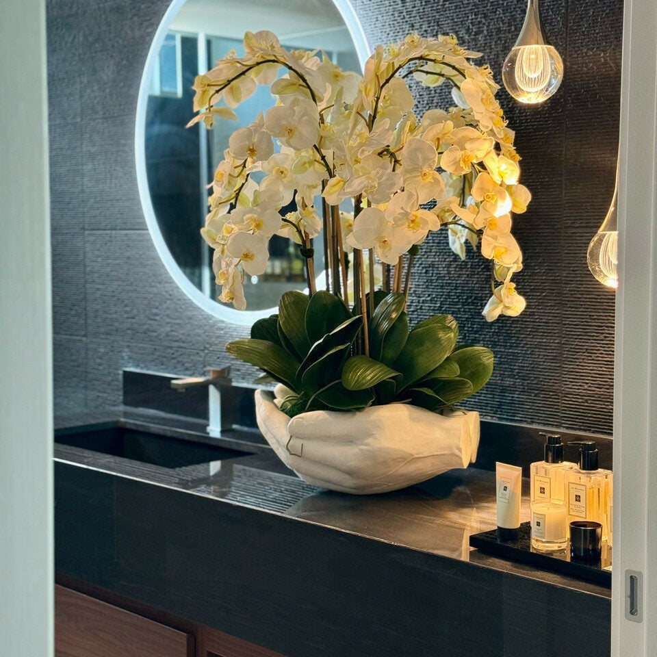 White Phalaenopsis Orchids in Open Hands Sculpture Pot – The Ever Botanic