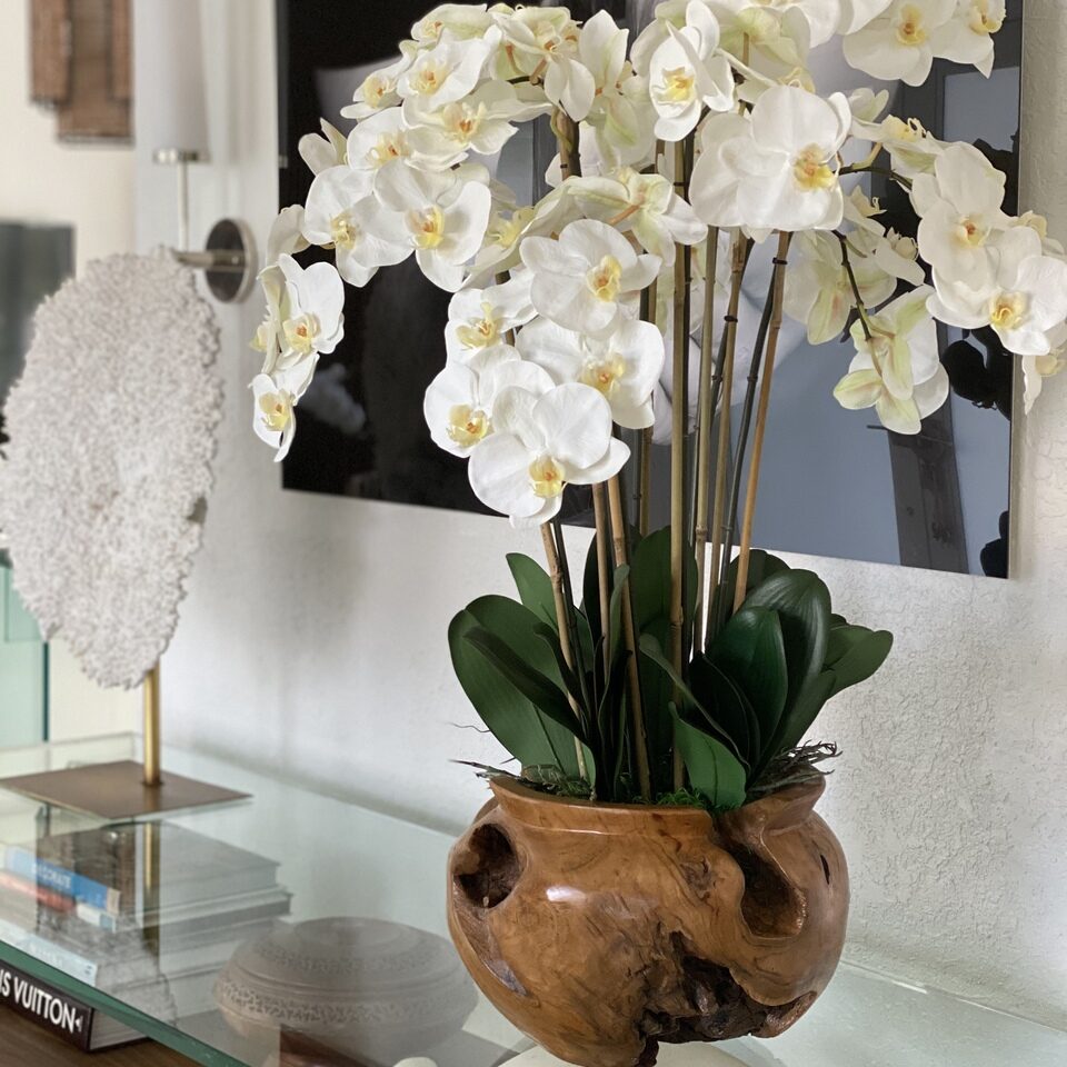 Large teak bowl with white orchids – The Ever Botanic